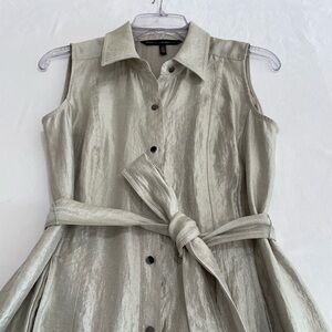 Belted sleeveless shirt dress in subtle pewter shimmer fabric. size 4 hits knee